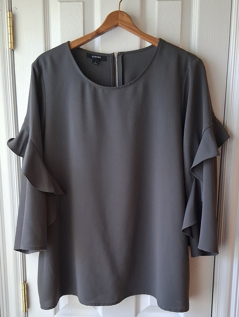 Alfani Ruffled Sleeve Blouse Layered Ruffled Sleeve With Back Zipper Gray Top